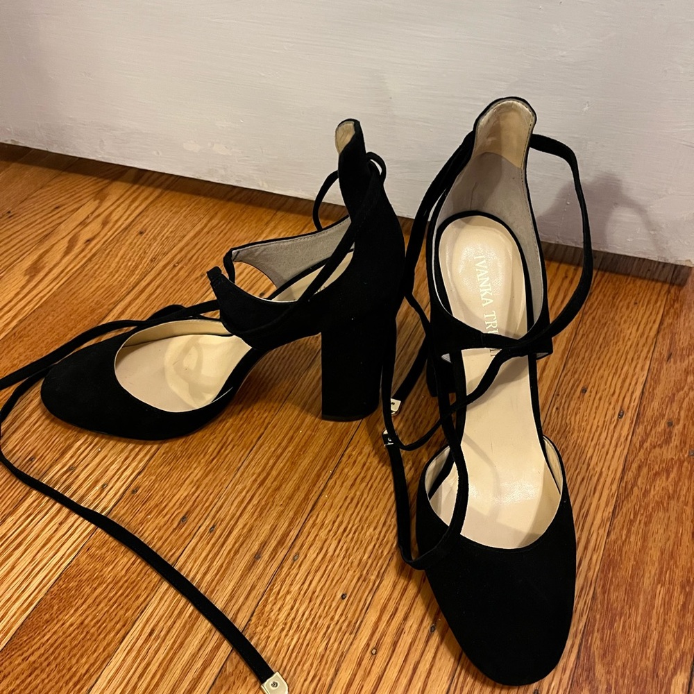 Ivanka Trump black velvet ankle tie heels